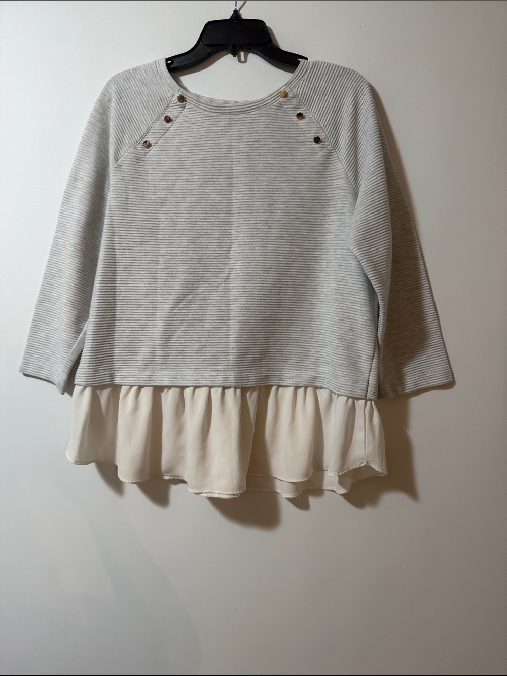 LOFT women ' Light Gray Striped Sweatshirt with Cream Ruffle Hem